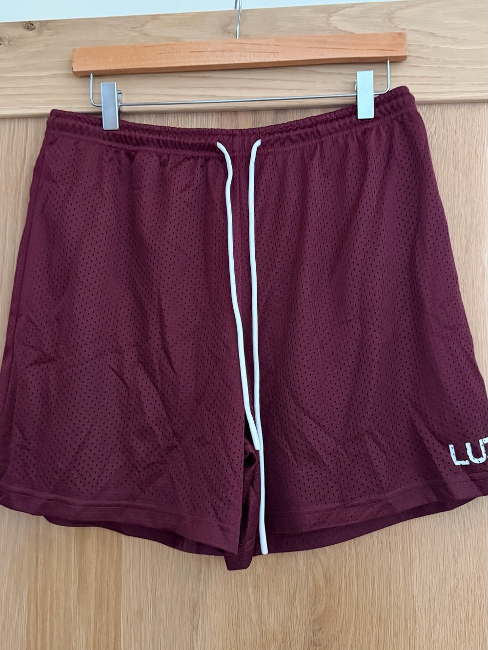 LUX Men's Burgundy Athletic Mesh Shorts with White Drawstring